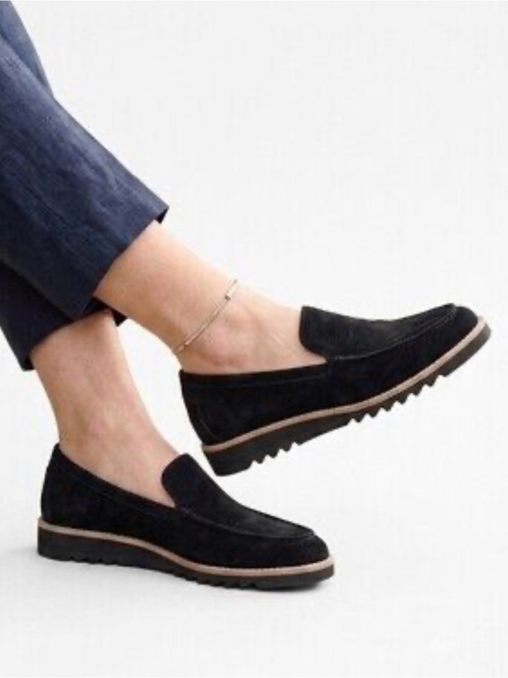Women's Black Suede Slip-On Loafers with Lug Sole